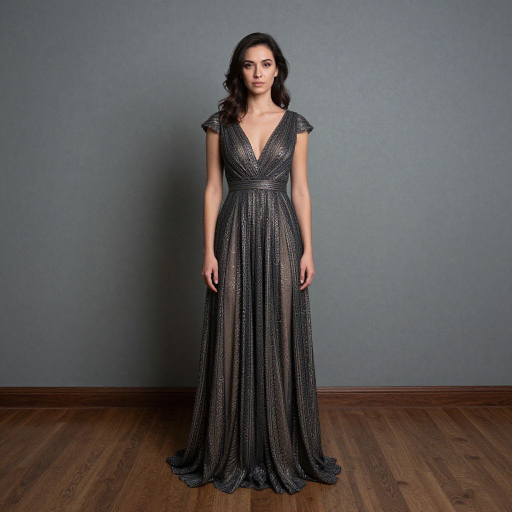 Elegant Woman in Dark Metallic Shimmering Floor-Length Gown