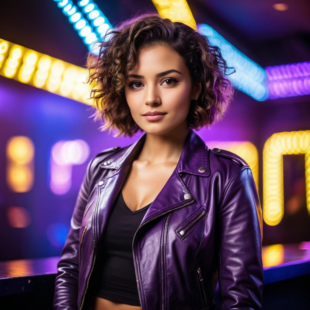 Confident Woman in Purple Leather Jacket with Neon Lights Background