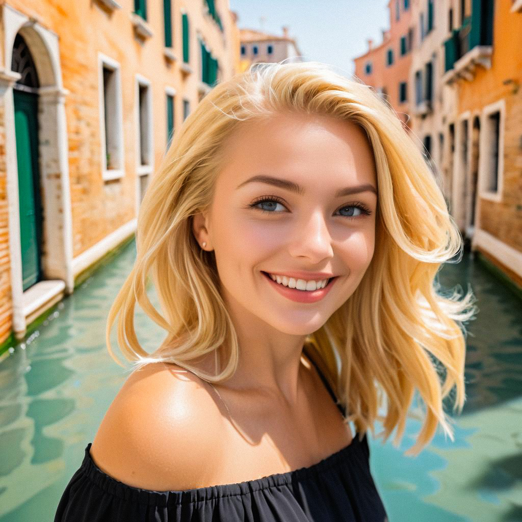 Joyful woman by picturesque canal in Europe