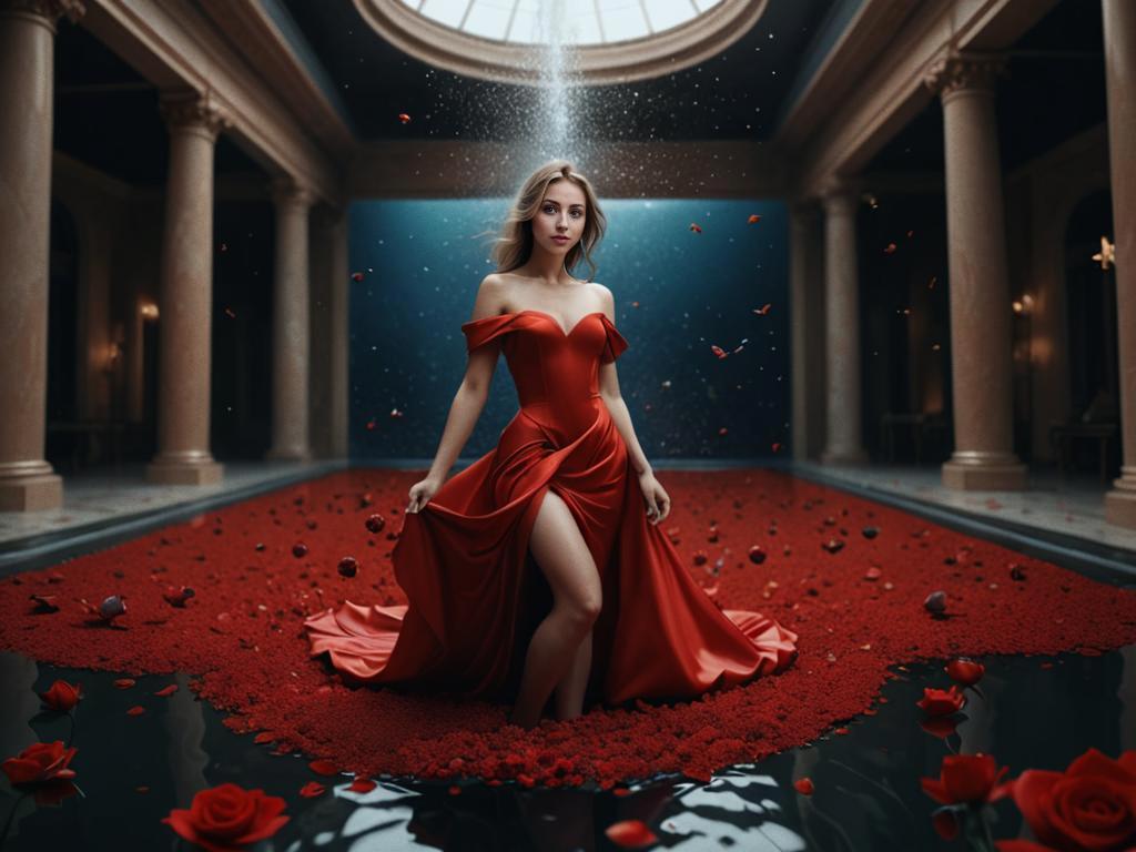 Elegant Woman in Red Dress Among Rose Petals