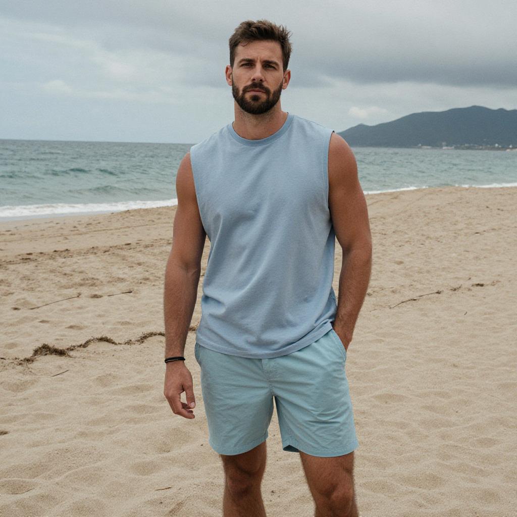 Man in Light Blue Sleeveless Shirt and Shorts Standing on Beach