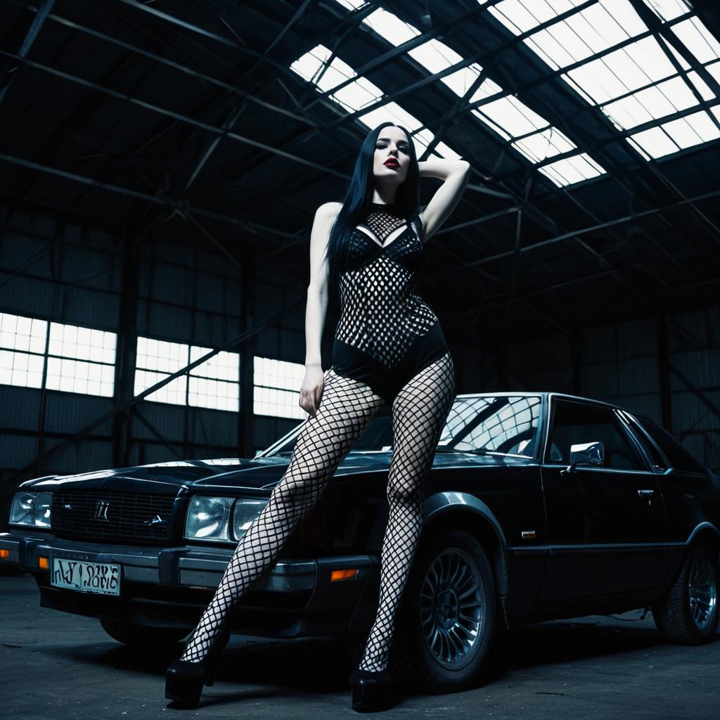 Edgy Gothic Woman Posing by Vintage Black Car in Industrial Warehouse