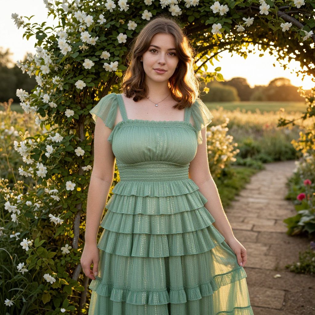 Young Woman in Green Tiered Dress in Floral Garden at Sunset