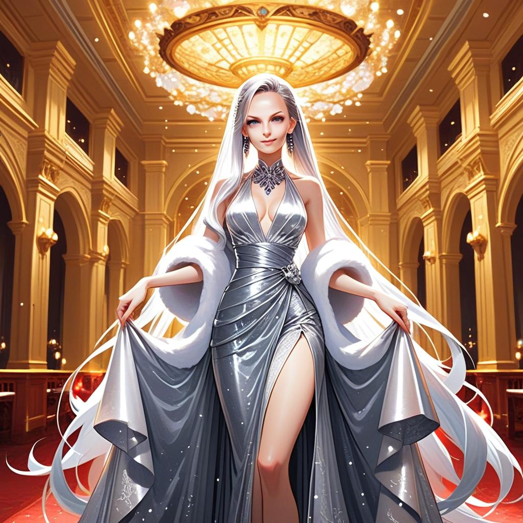 Stunning Woman in Silver Gown at Opulent Ballroom