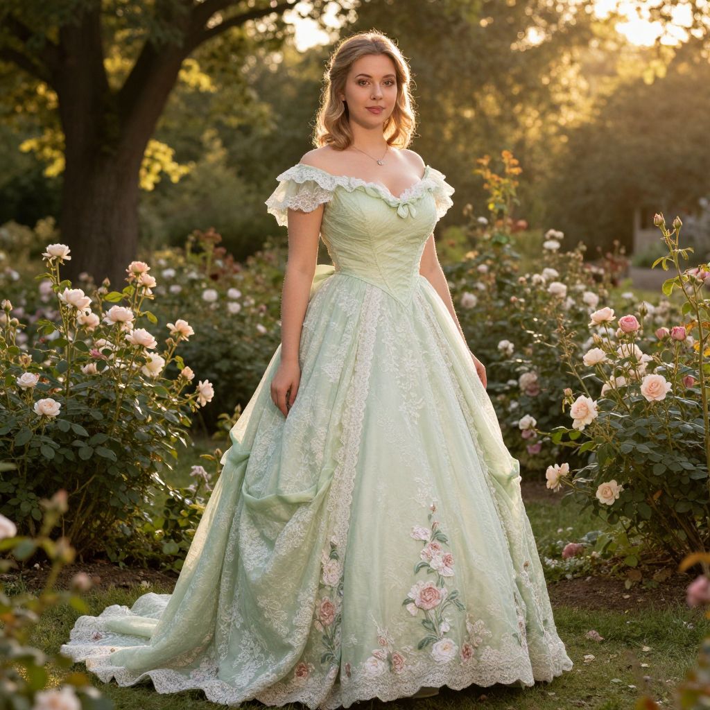 Woman in Vintage Green Lace Ball Gown Standing in Rose Garden