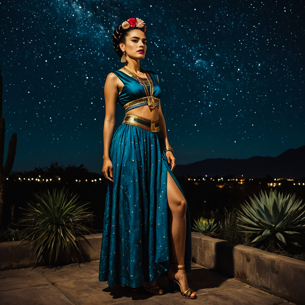 Confident Woman in Elegant Blue Outfit Under Starry Sky Confident Woman in Elegant Blue Outfit Under Starry Sky