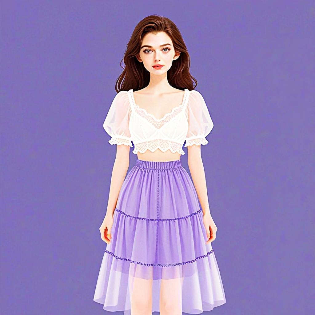 Woman with Pretty Face Wearing Lightweight Cropped Blouse and Purple Sheer Skirt Illustration