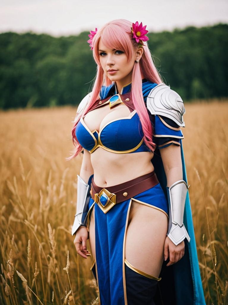Gunnthra Fire Emblem Cosplay in Wheat Field - Detailed Armor and Pink Hair