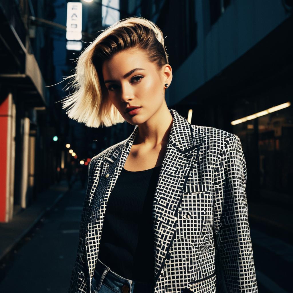 Stylish Woman in Black and White Checkered Blazer on Night City Street