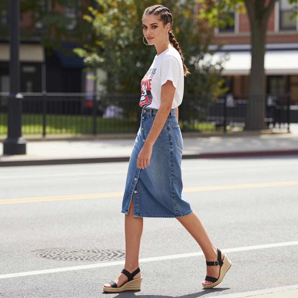 Gen Z Woman Walking in Denim Midi Skirt and Graphic T-Shirt on City Street