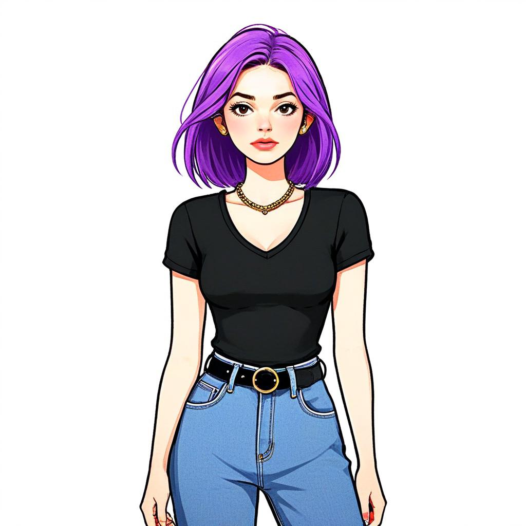 Woman with Purple Hair in Casual Chic Black Top and Blue Jeans Illustration