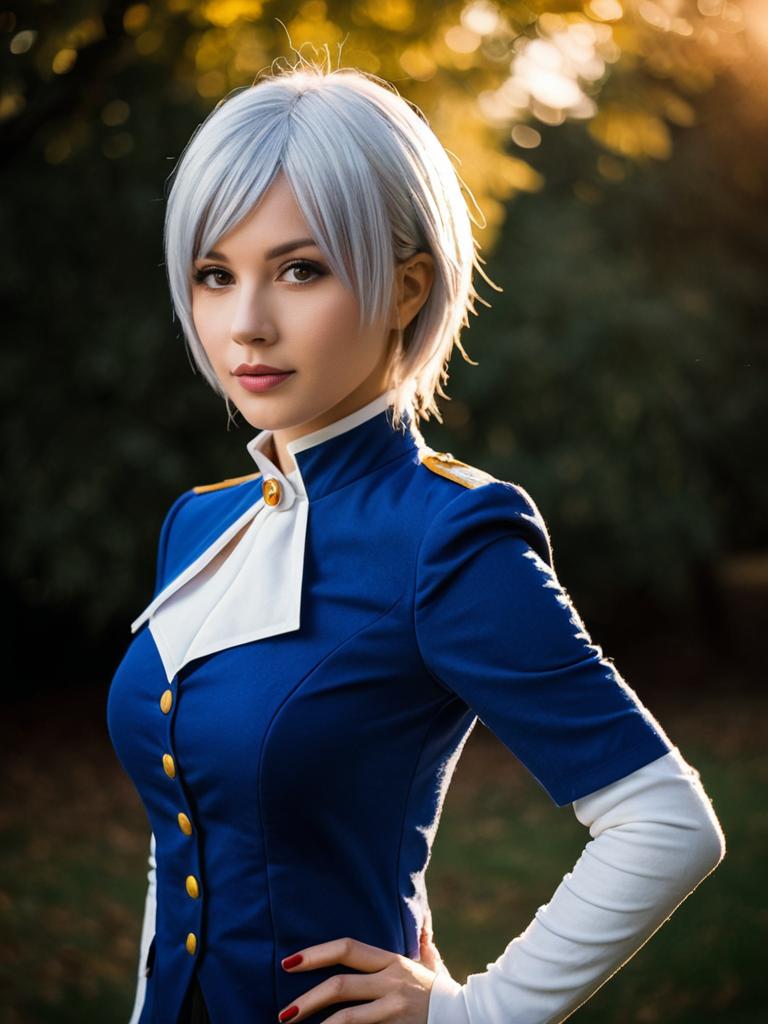 Realistic Lisanna Strauss Cosplay Woman in Blue Military-Style Costume