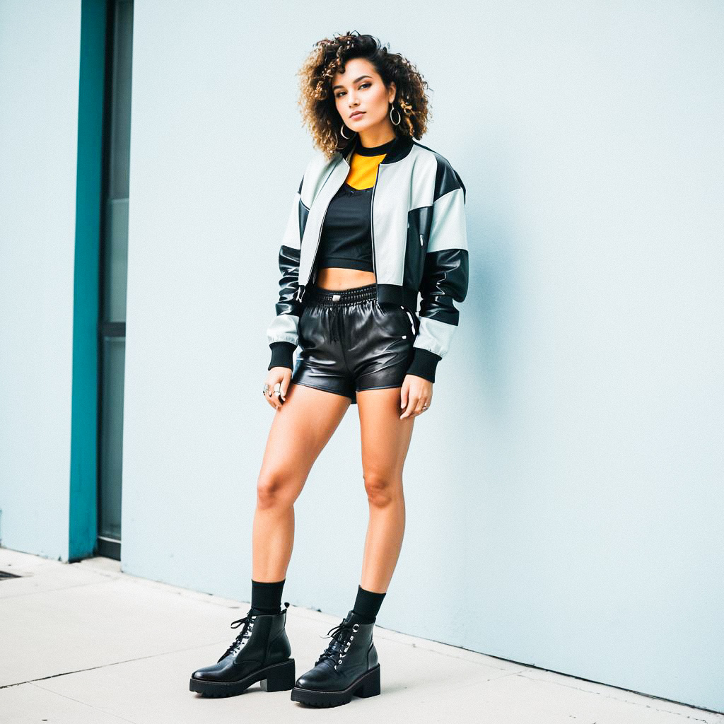 Stylish Woman in Bomber Jacket and Leather Shorts Stylish Woman in Bomber Jacket and Leather Shorts