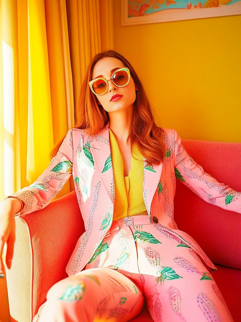 Stylish Woman in Pink Botanical Suit on Bright Couch