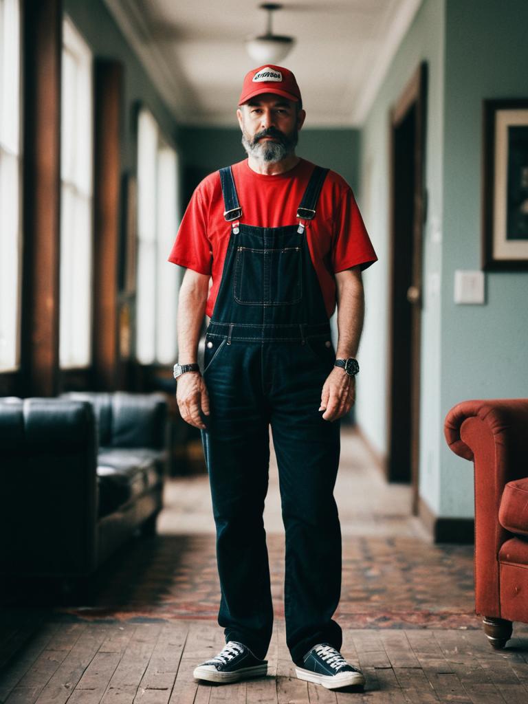 Man in Red Cap and Overalls Standing Indoors Stylish Lifestyle Portrait