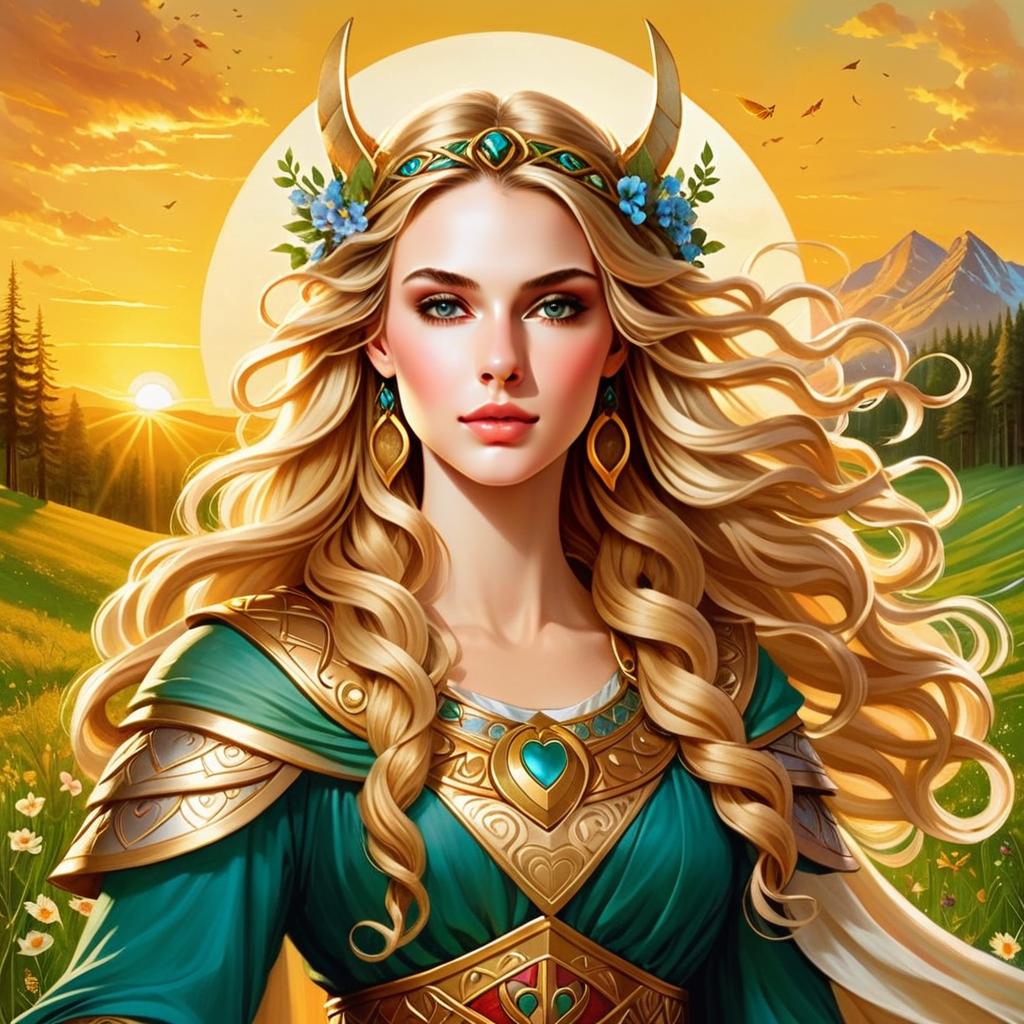 Woman Warrior in Golden Armor at Sunset