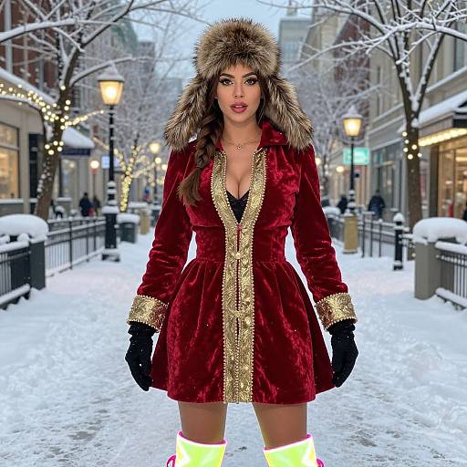 Woman in Red Velvet Coat with Fur Hood on Snowy City Street