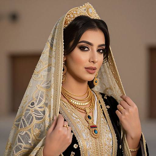 Elegant Woman in Traditional Embroidered Attire and Gold Jewelry