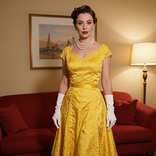 Vintage Style Woman in Yellow Satin Dress and Pearls