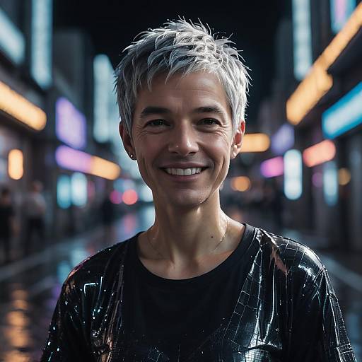 Confident Woman with Silver Hair in Vibrant Urban Nightlife