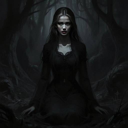 Gothic Woman in Dark Forest Sitting Mystical Portrait
