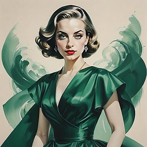 Elegant Woman in Emerald Gown - Vintage Hollywood Glamour