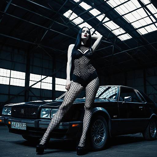 Edgy Gothic Woman Posing by Vintage Black Car in Industrial Warehouse