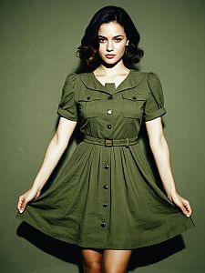 Woman in Olive Green Vintage-Inspired Belted Dress with Puff Sleeves
