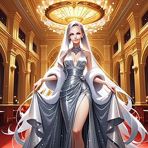 Stunning Woman in Silver Gown at Opulent Ballroom
