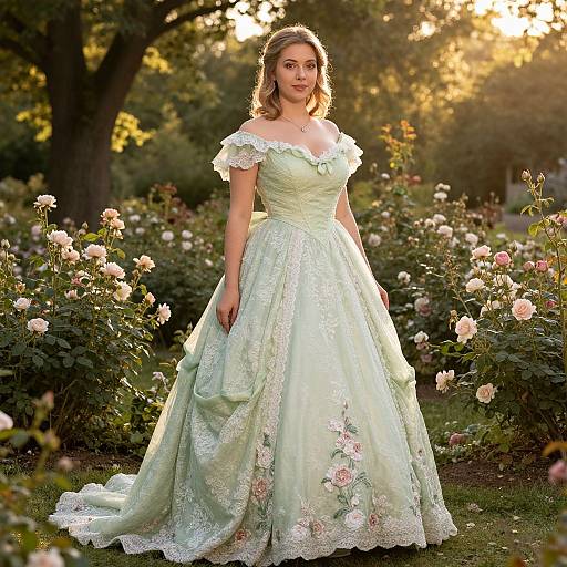 Woman in Vintage Green Lace Ball Gown Standing in Rose Garden