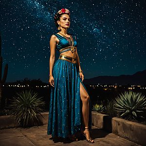 Confident Woman in Elegant Blue Outfit Under Starry Sky