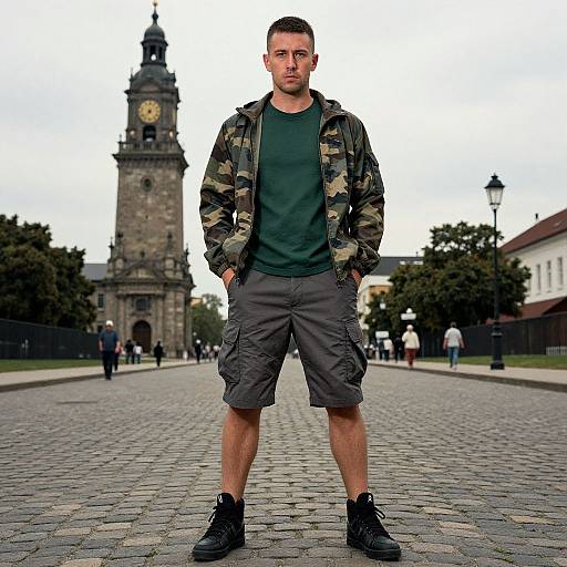 Man in Camouflage Jacket Standing on Cobblestone Street with Clock Tower