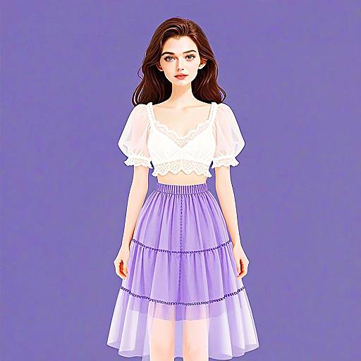 Woman with Pretty Face Wearing Lightweight Cropped Blouse and Purple Sheer Skirt Illustration