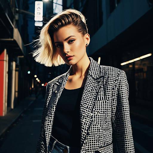 Stylish Woman in Black and White Checkered Blazer on Night City Street