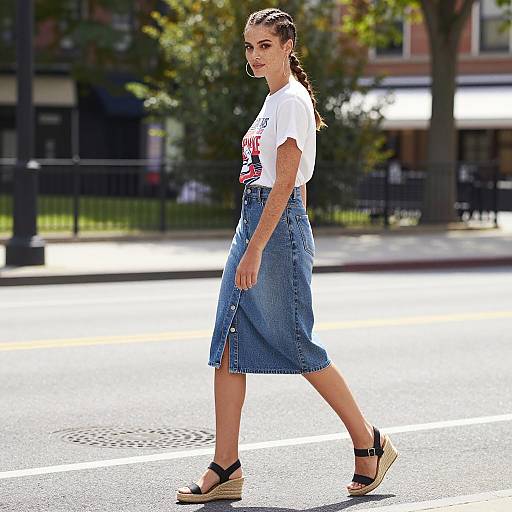 Gen Z Woman Walking in Denim Midi Skirt and Graphic T-Shirt on City Street