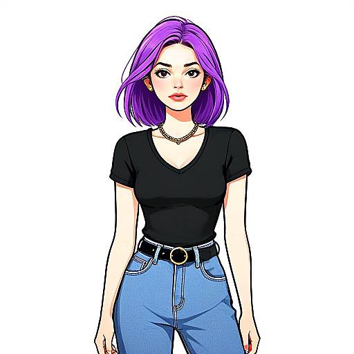 Woman with Purple Hair in Casual Chic Black Top and Blue Jeans Illustration
