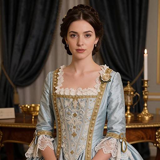 Woman in 18th Century Rococo Style Blue Embroidered Dress