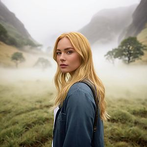 Young Woman in Misty Mountains