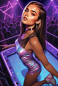 Stylish Woman on Stage in Shimmering Outfit