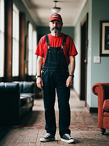 Man in Red Cap and Overalls Standing Indoors Stylish Lifestyle Portrait