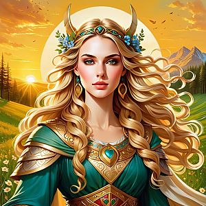 Woman Warrior in Golden Armor at Sunset