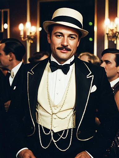 Man in Gatsby Party Costume Waist Up Editorial Portrait Photorealist