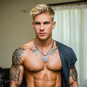 Muscular young man with tattoos indoors