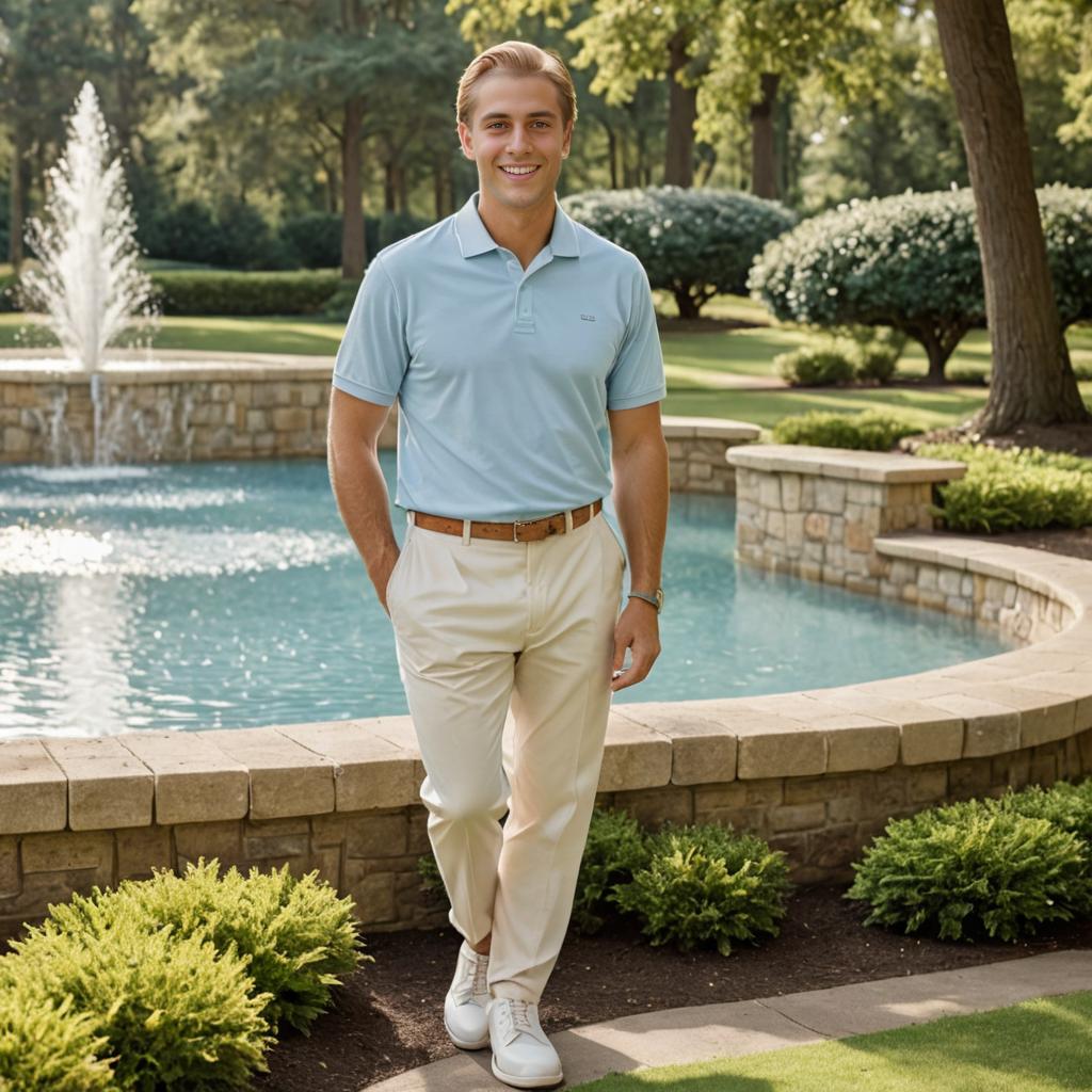 Confident Man in Smart Casual Attire in a Serene Garden