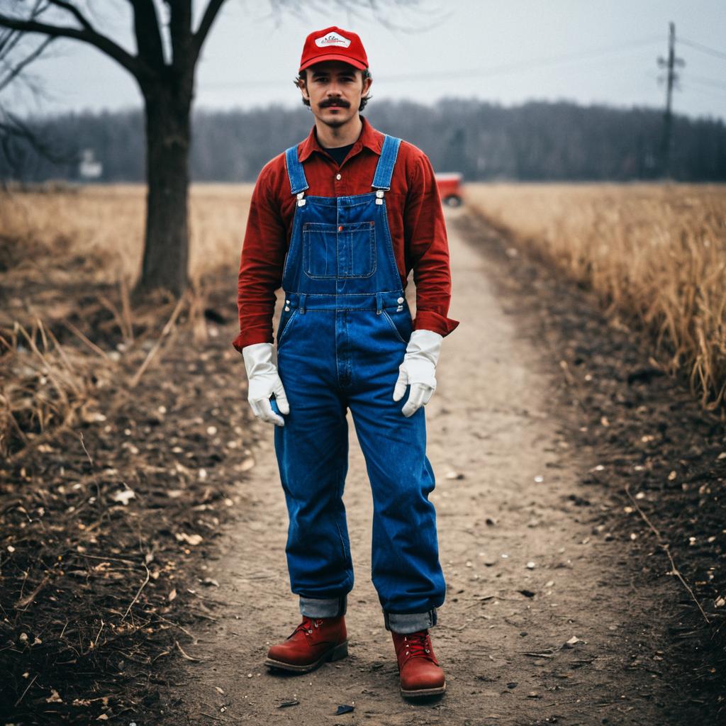Man Wearing Super Mario Costume Outdoors on Dirt Path