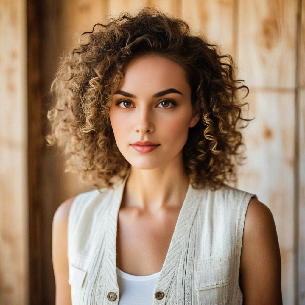 Close-up portrait of a confident woman with curly hair