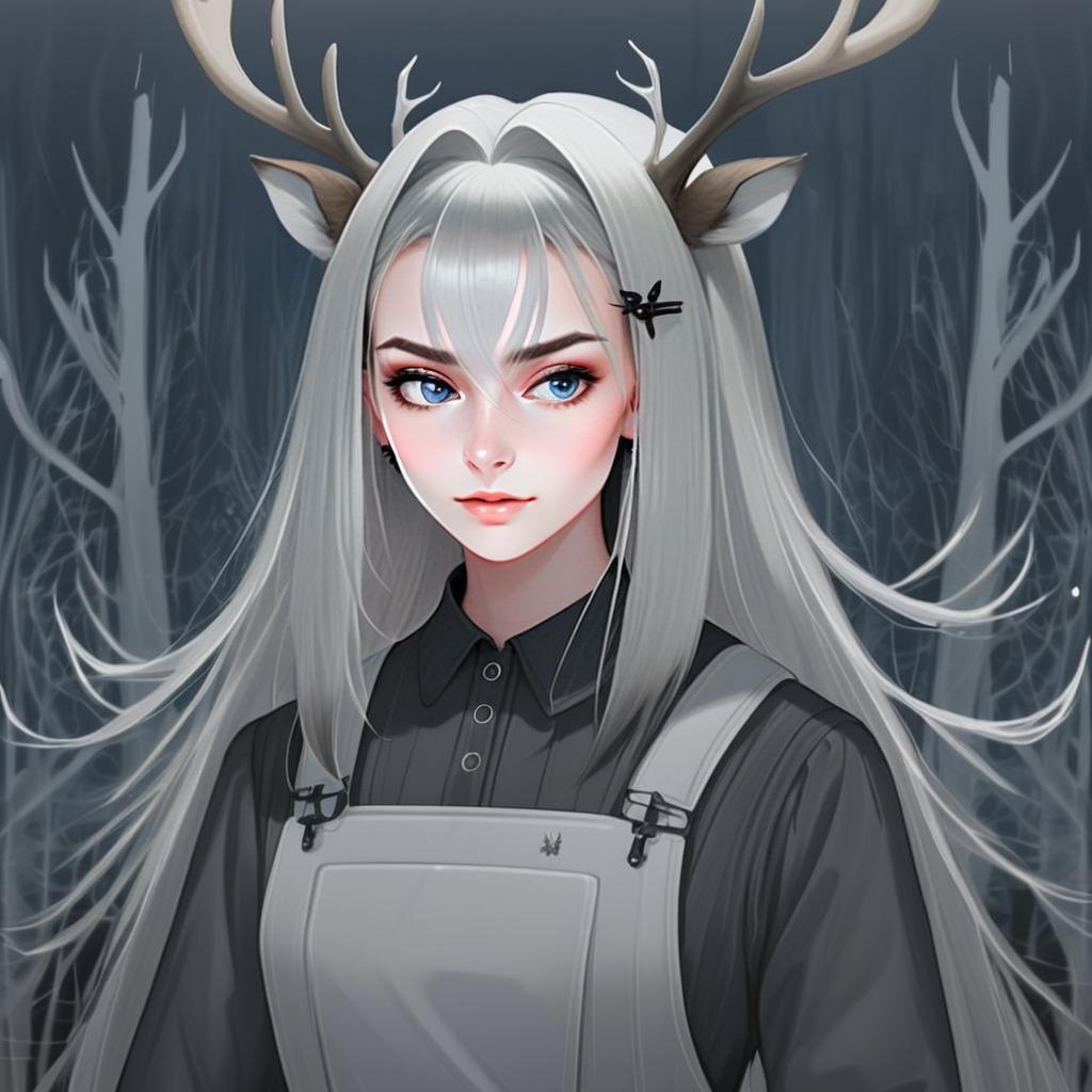 Anime Woman with Silver Hair and Antlers in Forest Illustration