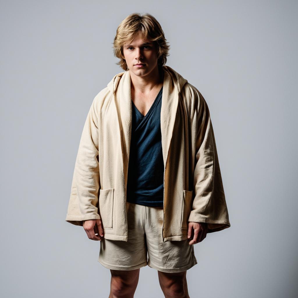 Young Man Wearing Cozy Beige Fleece Jacket and Shorts in Casual Outfit