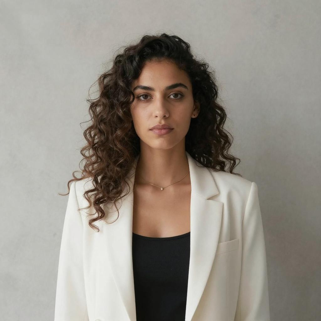Gen Z Woman in White Blazer and Black Top with Curly Hair
