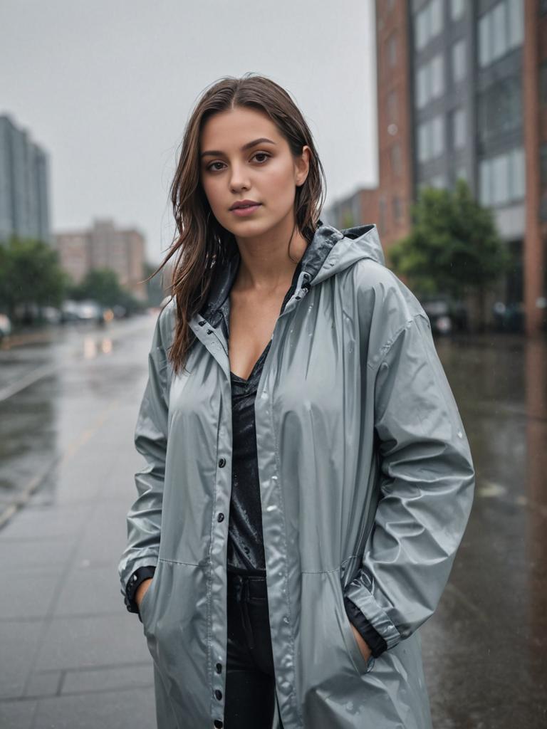 Stylish Woman in Gray Raincoat on Wet Urban Street